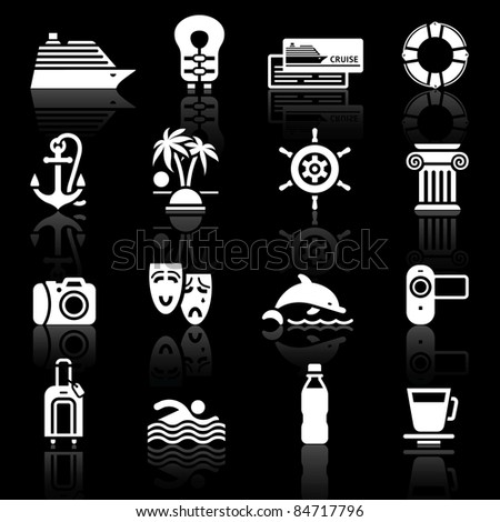 Vacation & Travel, Recreation. icons set. Tourism, Sport with reflection.