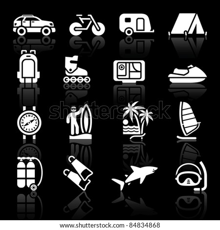 Vacation & Recreation, Travel. icons set. Tourism, Sport with reflection.