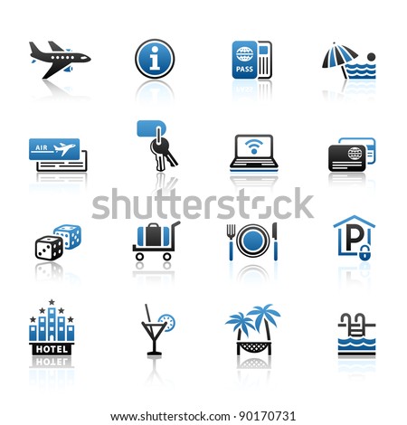 Recreation, Travel & Vacation, icons set. Sport, Tourism with reflection