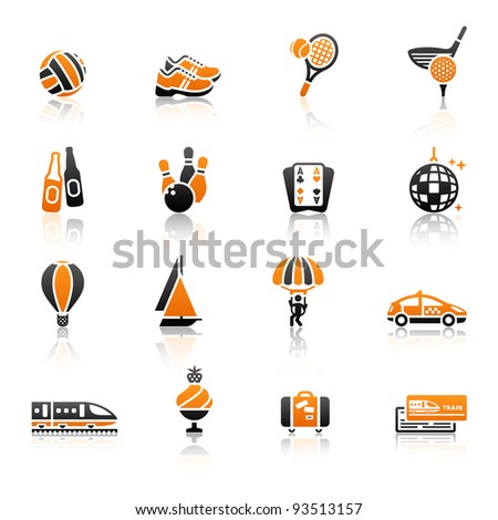 Recreation, Vacation & Travel, icons set. Sport, Tourism with reflection