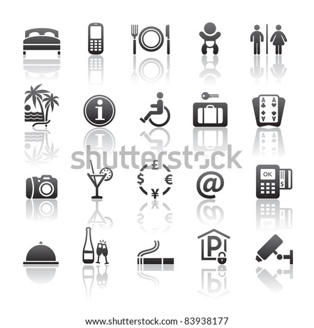 Icons set motel services. Pictogram hotel services. Gray reflection