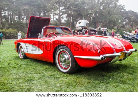 SAN FRANCISCO - SEPTEMBER 29: A 1958 Chevrolet Corvette is on display during the 2012 Jimmy's Old Car Picnic in Golden Gate Park in San Francisco on September 29, 2012