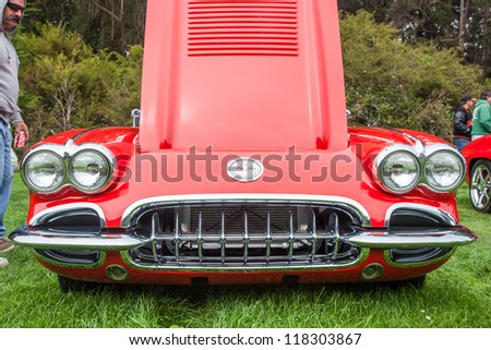 SAN FRANCISCO - SEPTEMBER 29: A 1958 Chevrolet Corvette is on display during the 2012 Jimmy\'s Old Car Picnic in Golden Gate Park in San Francisco on September 29, 2012