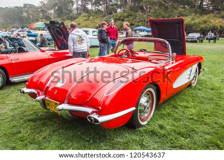 SAN FRANCISCO - SEPTEMBER 29: A 1958 Chevrolet Corvette is on display during the 2012 Jimmy\'s Old Car Picnic in Golden Gate Park in San Francisco on September 29, 2012