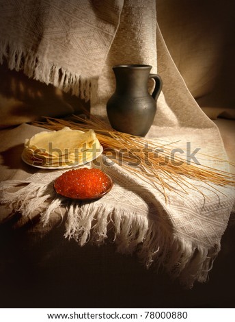 still-life with red caviar and pancakes