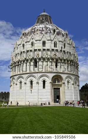 PISA, ITALY - JUNE11: Unesco World Heritage site Piazza dei Miracoli with beautiful monument Baptistery on June 11, 2012 in Pisa, Italy