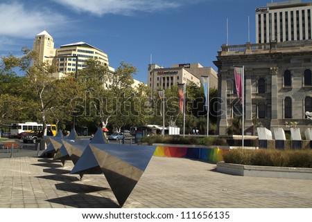 ADELAIDE, AUSTRALIA - JANUARY 30: Contemporary art in the capital city of South Australia - stainless steel sculptures designed 1970 from artist Bert Flugelman, on January 30, 2008 in Adelaide, Australia.