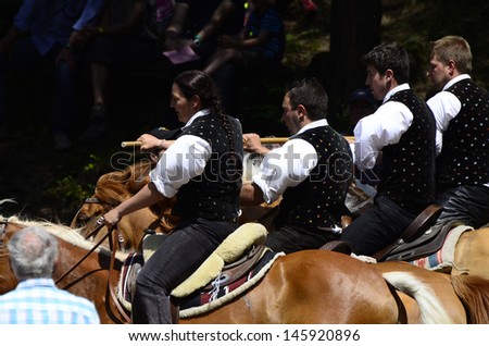 SEIS, ITALY - JUNE 16: Unidentified actors and spectators by yearly horse-riding event named \