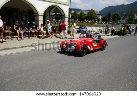 LUNZ, AUSTRIA - JULY 19: Morgan 4/4 on special stage by International Ennstal Classic 2013, a yearly tournament through Austria for vintage cars on July 19, 2013, in Lunz am See, Austria