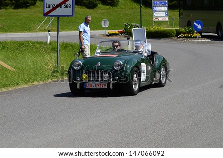 LUNZ, AUSTRIA - JULY 19: Triumph TR3 on special stage by International Ennstal Classic 2013, a yearly tournament through Austria for vintage cars on July 19, 2013, in Lunz am See, Austria