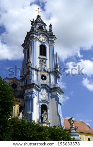 Austria, rich decorated curch spire of the abbey Duernstein in Unesco World Heritage site of Danube valley