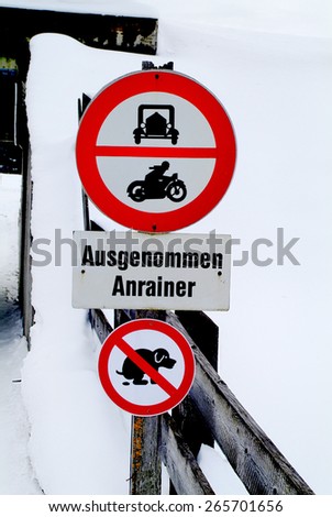 Austria, prohibitory sign for cars, bikes and dogs
