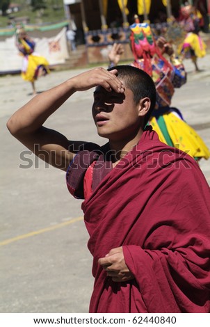HAA, BHUTAN - SEPTEMBER 21: unknown monk by religious festival named Tshechu in Haa, Western Bhutan, in the White Temple -Karpho Lhakhang- on September 21, 2007 in Haa Village in Bhutan