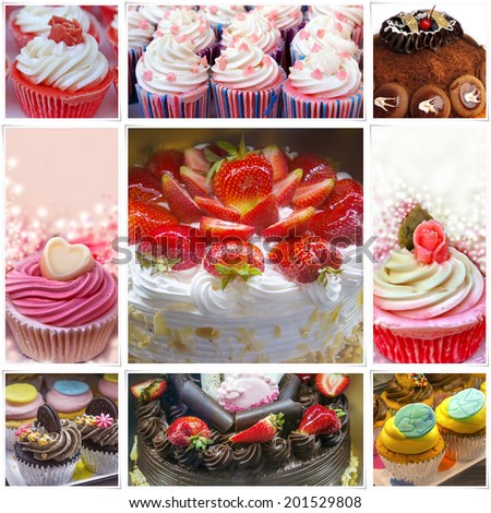 Colorful birthday cakes collage - stock photo