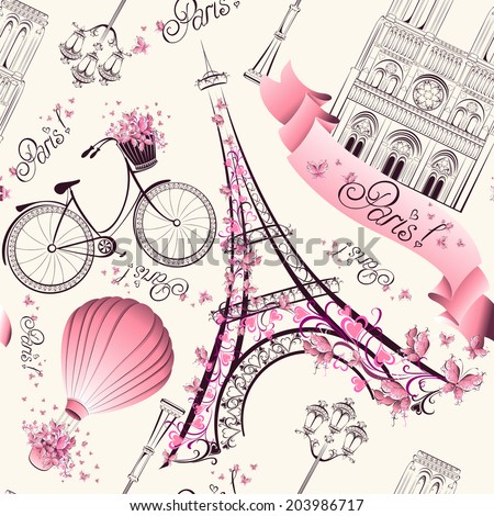 Paris symbols seamless pattern. Romantic travel in Paris. Vector 