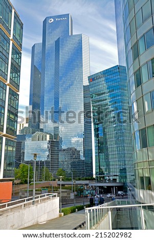 PARIS - AUGUST 20: district La Defense on August 20, 2014 in Paris. It is Europes largest business district with 560 hectares area 72 glass and steel buildings and skyscrapers