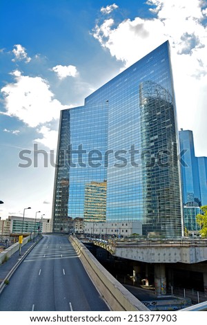 PARIS - AUGUST 20: district La Defense on August 20, 2014 in Paris. It is Europes largest business district with 560 hectares area 72 glass and steel buildings and skyscrapers