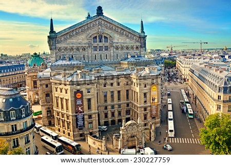 PARIS - August 22, 2014: Aerial view of the Opera Garnier from the rooftop restaurant famous Galeries Lafayette  in Paris, France.