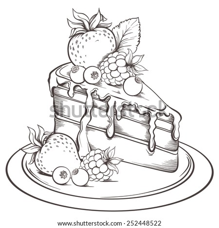 Hand Drawn Slice Of Cake With Icing And Berry. Sketch Vector ...