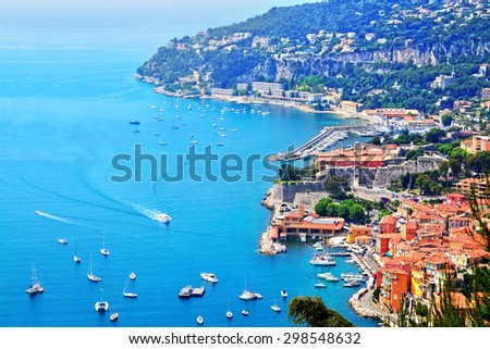 Cote d\'Azur France.  View of luxury resort and bay of French riviera - Villefranche-sur-Mer is situated between Nice city and Monaco. Mediterranean Sea