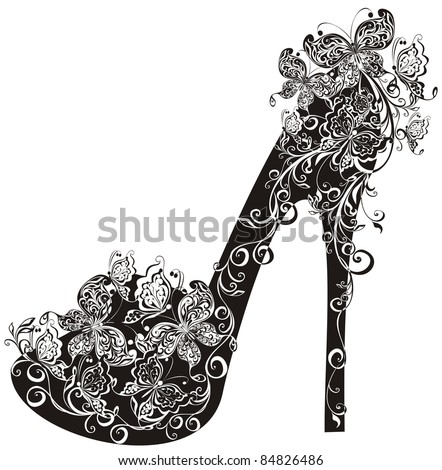 Shoes On A High Heel Decorated With Flowers And Butterflies. Vector ...