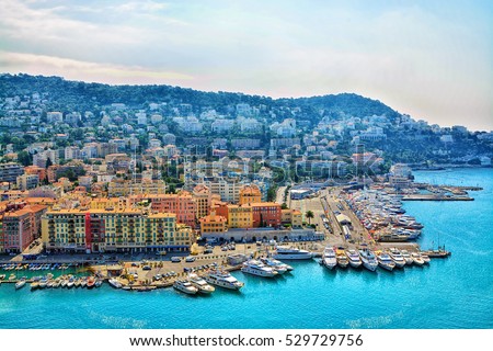 Cote d'Azur France. Beautiful panoramic aerial view city of Nice, France. Luxury resort of French riviera 商業照片 © 