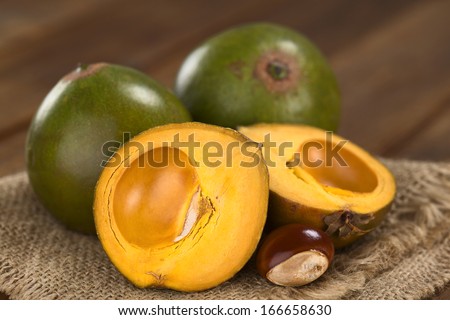 Peruvian fruit called Lucuma (lat. Pouteria lucuma) which has a dry, sweet flesh, and is mostly used to prepare juices and various desserts (Selective Focus, Focus on the standing lucuma half)
