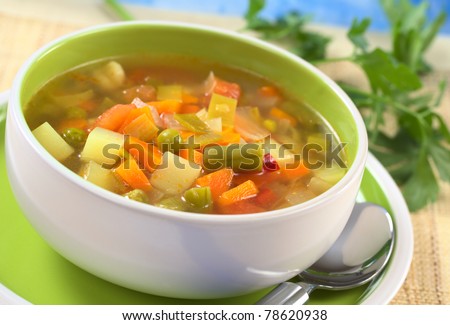 Fresh vegetable soup made of green bean, pea, carrot, potato, red bell pepper, tomato and leek in bowl with parsley in the back (Selective Focus, Focus on the vegetables one third into the soup)