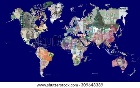Detailed map of the world in all the world\'s currencies.\
\
Each country is represented with one of its most recently issued banknotes\
\
Full resolution file is about 30 megapixels in size.