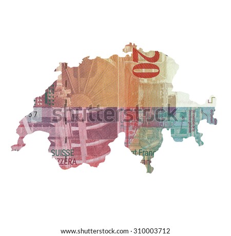 Map of Switzerland made of 20 swiss franc banknote.