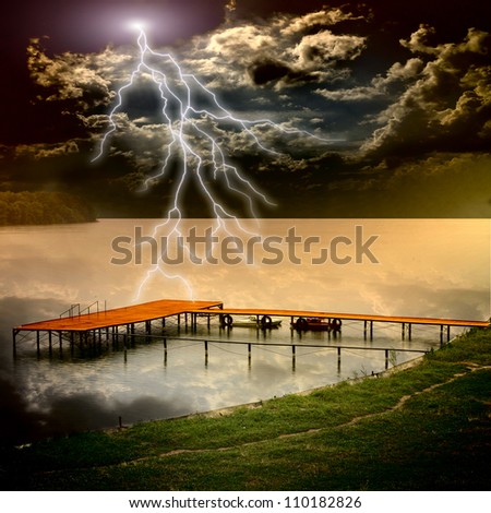 Boat station on the beautiful lake with storm and lightnings