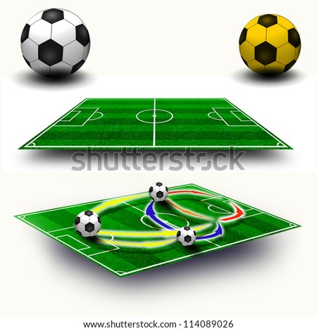Collage. Soccer field tactic table, map on perspective geometry, soccer balls