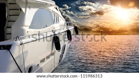 Private motor yacht to incredible sunset.Sailboat, motor boat