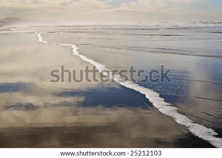 beautiful shoreline, wide beach, just enough water to cover the sand and create reflections, San Francisco