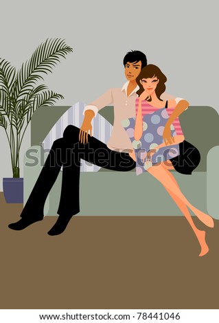Couple sitting on sofa embracing together in a living room facing front