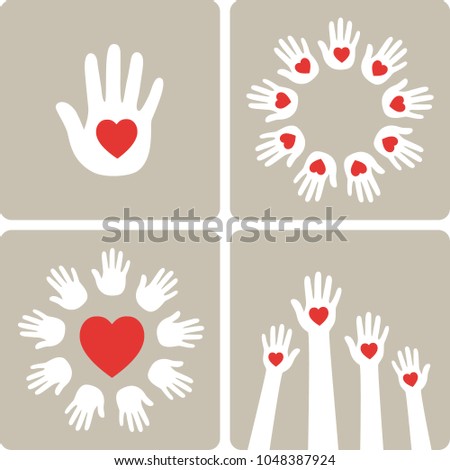 Many hands with hearts. Single hand and heart. Raised hands. Vector illustration.