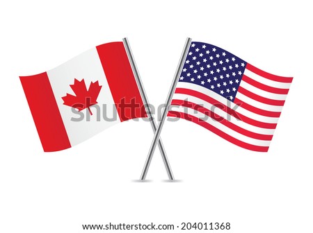 Canada and America crossed flags. Canadian and American flags on white background. Vector illustration.