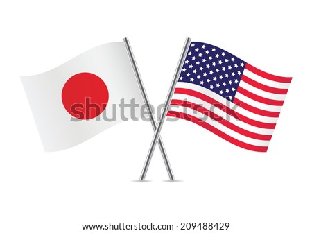 Japan and America crossed flags. Japanese and American flags isolated on white background. Vector icon set. Vector illustration.