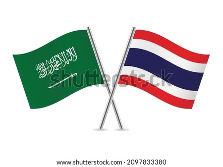 Thailand and Saudi Arabia crossed flags. Thai and Saudi Arabian flags isolated on white background. Vector icon set. Vector illustration.