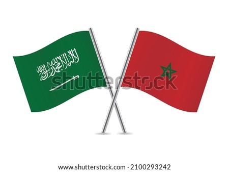 Saudi Arabia and Morocco crossed flags. Saudi Arabian and Moroccan flags on white background. Vector icon set. Vector illustration.