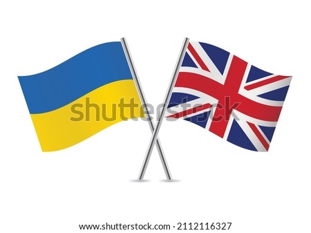 Ukraine and Britain crossed flags. Ukrainian and British flags isolated on white background. Vector illustration.