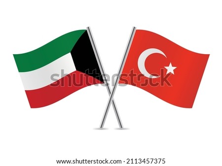 Kuwait and Turkey flags. Kuwaiti and Turkish flags, isolated on white background. Vector illustration.