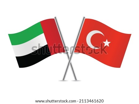 United Arab Emirates and Turkey flags. UAE and Turkish flags, isolated on white background. Vector illustration.