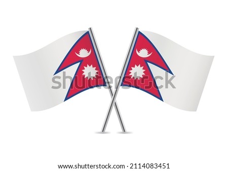Nepal crossed flags. Nepalese flags on a white background. Federal Democratic Republic of Nepal flags. Vector icon set. Vector illustration. 