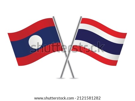 Laos and Thailand crossed flags. Laotian and Thai flags, isolated on white background. Vector icon set. Vector illustration.