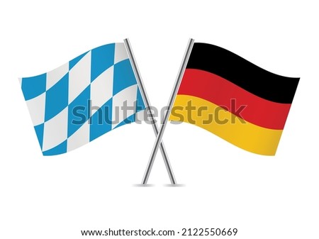 Bavaria lozenge and Germany crossed flags. The Free State of Bavaria and FRG flags. Bavarian and German flags, isolated on white background. Vector icon set. Vector illustration.