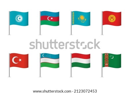 The organization of Turkic States' flags on white background (Azerbaijan, Kazakhstan, Kyrgyzstan, Turkey, Uzbekistan). Observer states (Hungary, Turkmenistan). Vector icon set. Vector illustration