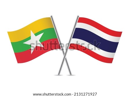 Myanmar (Burma) and Thailand crossed flags. Burmese and Thai flags, isolated on white background. Vector icon set. Vector illustration.