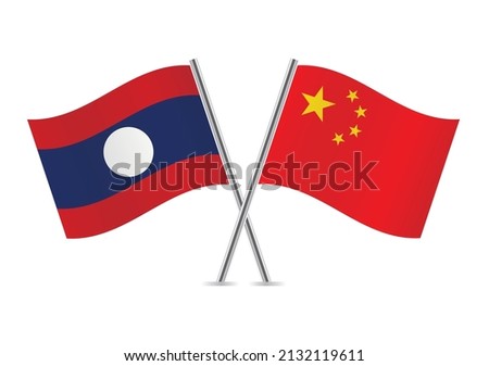 Laos and China crossed flags. Laotian and Chinese flags, isolated on white background. Vector icon set. Vector illustration.