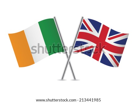 Ireland and Great Britain crossed flags. Irish and British flags on white background. Vector icon set. Vector illustration.